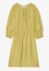 Gelbes kariertes Kleid mit rundem Ausschnitt, Bindeband und elastischem Bund, ausgestattet mit langen Puffärmeln und gestreiften Akzenten.