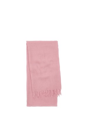 Miękki różowy prostokątny szalik z frędzlami, złożony na czystym białym tle.