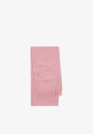 Miękki różowy prostokątny szalik z frędzlami, złożony na czystym białym tle.