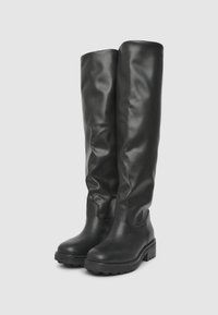 Stivali neri al ginocchio in pelle liscia con punta tonda, design senza lacci e suole in gomma robuste.