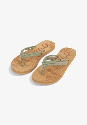 Light green flip flops with braided straps, detailed bamboo footbed featuring a floral pattern, and a white textured sole.