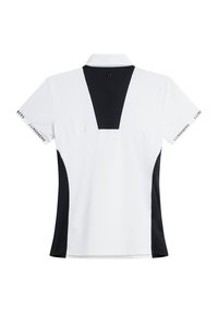 Kortärmad polo i vitt med bakpanel i svart. Har en krage och varumärkesnamn på ärmarna. Slät tygstruktur.