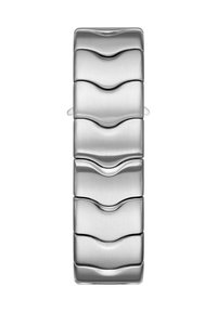 Silberner metallischer Armband, bestehend aus geschwungenen, ineinander greifenden Segmenten mit einer eleganten, gebürsteten Oberfläche und glatten Kanten. Verstellbarer Verschluss auf der Rückseite.