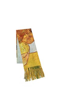 Sciarpa tessuta con un motivo giallo testurizzato che ricorda i girasoli, con bordi frangiati e un design di vaso dipinto. Materiale in tessuto morbido.