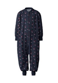Body navy con zip front, polsini elasticizzati e fantasie giovanili di uccelli e cuori su uno sfondo a pois. Tessuto morbido.
