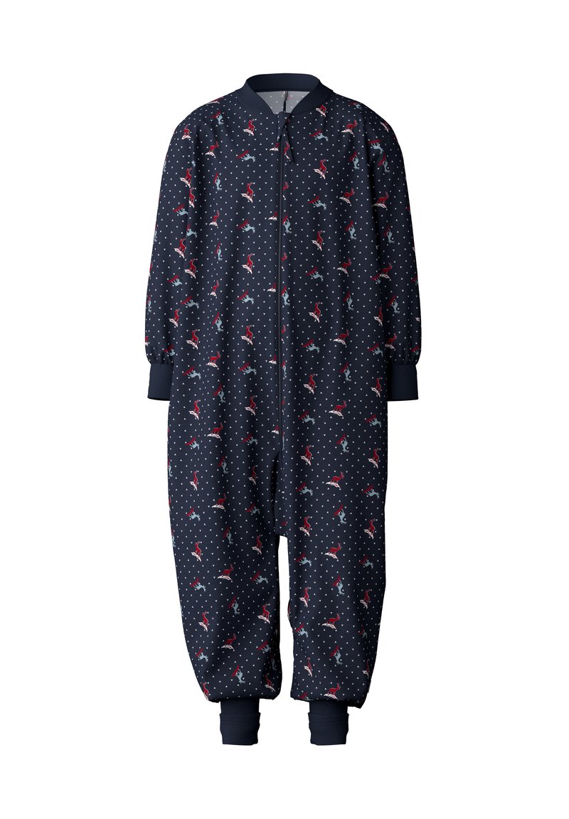 Body navy con zip front, polsini elasticizzati e fantasie giovanili di uccelli e cuori su uno sfondo a pois. Tessuto morbido.