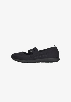 Czarne, siatkowe buty typu slip-on z zaokrąglonym czubkiem i dwoma elastycznymi paskami na górze. Lekka gumowa podeszwa z teksturowanym bieżnikiem.