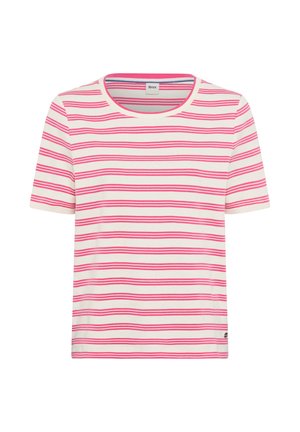 White short-sleeve T-shirt with horizontal pink stripes and a round neckline.