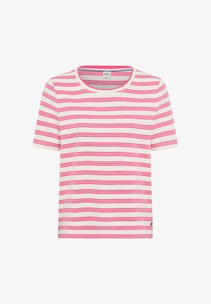 T-shirt bianca a maniche corte con strisce orizzontali rosa e scollo rotondo.
