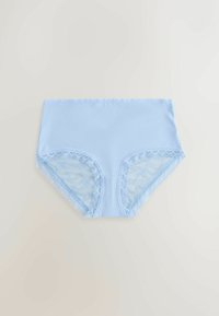 Lichtblauwe high-waisted onderbroek met kanten rand en doorschijnende kanten zijpanelen. Glad stof met gedetailleerd kant langs de randen.