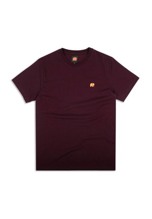 T-shirt corto bordeaux in cotone, con un piccolo logo di un elefante giallo sul lato sinistro del petto. Collo rotondo, texture morbida.