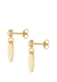Cercei stud din metal auriu, cu un design de picătură ovală elongatedă, suprafață netedă și spate rotunjit, având o estetică minimalistă.
