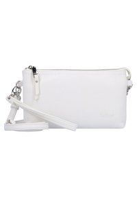 Bolso cruzado de cuero blanco con cierre de cremallera, correa ajustable y un sutil logo. Textura suave con detalles en hardware plateado.