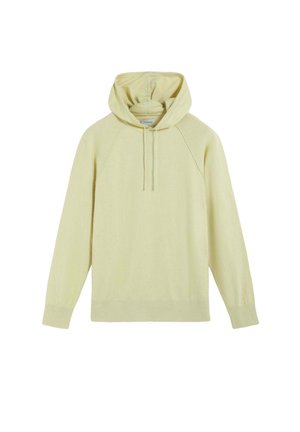 Sudadera con capucha de manga larga color amarillo claro, con cordones ajustables, puños y dobladillo acanalados, mostrada extendida sobre un fondo blanco.