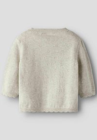Maglione in maglia beige chiaro con maniche corte, caratterizzato da un motivo floreale testurizzato, polsini a coste e orlo ondulato. Finitura liscia.