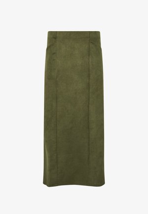 Oliwkowa ołówkowa spódnica do kolan z subtelnymi pionowymi szwami i prostym dołem, wykonana z materiału przypominającego zamsz.