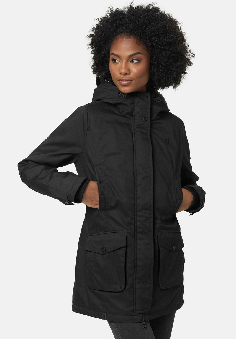 Black parka jacket with a hood, featuring front zipper, snap buttons, and two large front pockets. Textured surface for durability.