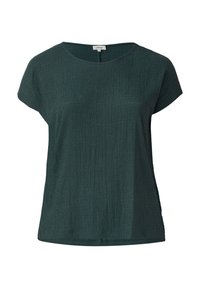 Donkergroene short-sleeve top van een textuur met een gekreukte stof. Heeft een ronde halslijn en een ontspannen pasvorm met zijsplitten aan de zoom.