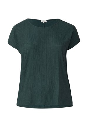 Maglietta corta a maniche corte di colore verde scuro con un tessuto testurizzato e sgualcito. Presenta un collo rotondo e una vestibilità rilassata con spacchi laterali sull'orlo.