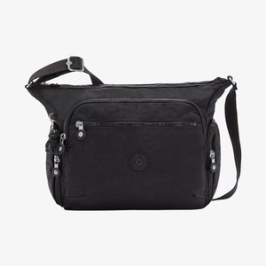 Borsa a tracolla nera in nylon testurizzato, con numerose tasche con cerniera, tracolla regolabile e dettaglio del logo circolare.
