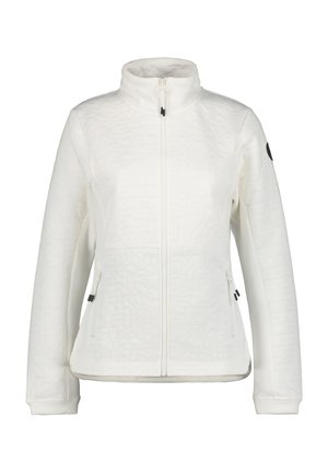 Witte jas met een getextureerd geometrisch patroon, ritssluiting in het midden, hoge kraag en twee zijzakken. Zwarte accenten bij de rits en mouwen.
