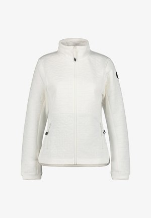 White jacket with a textured geometric pattern, center zip, high collar, and two side pockets. Black accents at the zipper and sleeve.