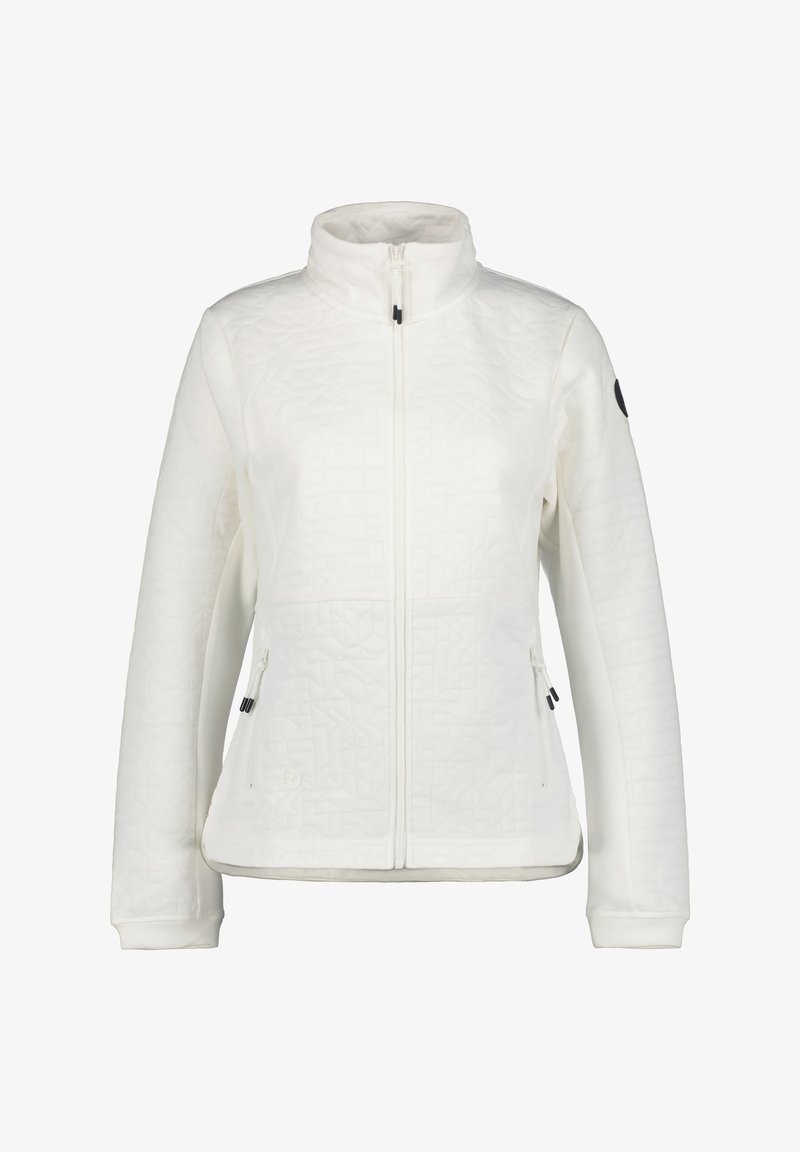 Chaqueta blanca con un patrón geométrico texturizado, cierre central, alto cuello y dos bolsillos laterales. Detalles negros en el cierre y las mangas.