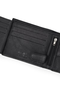 Sort læderpung med flere kortlommer, en lynlåslomme til mønter og RFID-beskyttelse. Tekstureret overflade med knaplukning.