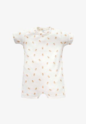 Lyhythihainen body, joka on valmistettu kermavärisestä kankaasta ja jossa on toistuva vaaleanruskea nallekarhu-kuvio; mukana napit olkapäällä.