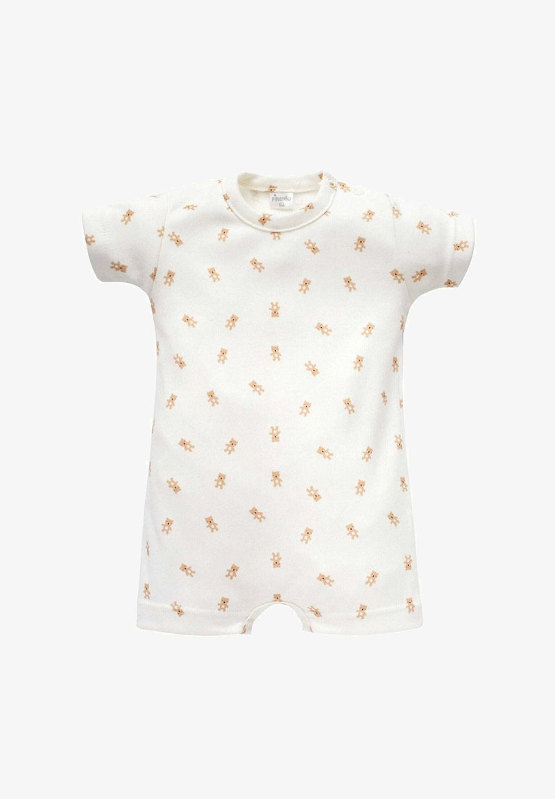 Body à manches courtes en tissu crème, présentant un motif répétitif de petits ours bruns clair ; comprend des pressions à l'épaule.