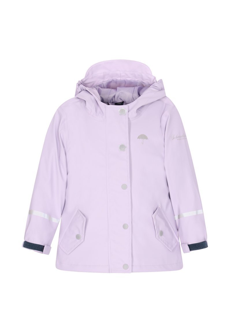 Ceriņkrāsas ūdensnecaurlaidīga jaka ar kapuci, poga aizdare, divi sānu kabatas, sudraba atstarojošas svītras un lietussarga logotips uz krūtīm.