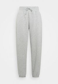 Grå sweatpants i mjukt tyg, med dragsko i midjan, sidofickor och elastiska muddar vid anklarna. Enkelt mönster, inga mönster.