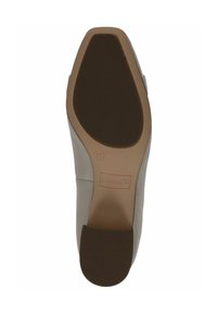 Podpatková obuv s hladkým béžovým svrškem, mandlovým špičkou a hnědou gumovou podrážkou s texturovanými gripovými vzory. Velikost označena jako 37.