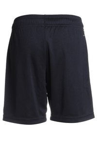 Mörkblå sportshorts av lätt tyg med elastisk midja och slät yta. Inga synliga fickor eller mönster.