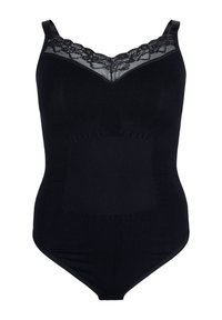Black bodysuit with lace trim at the neckline. Features a smooth texture, fitted silhouette, and ribbed detailing on the torso. Adjustable straps.