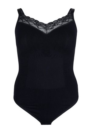 Body nero con dettagli in pizzo sulcollo. Presenta una texture liscia, una silhouette aderente e dettagli a coste sul tronco. Spalline regolabili.