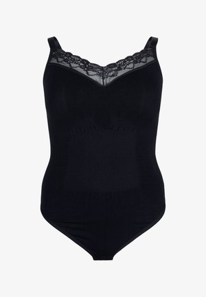 Svart bodysuit med spetsdetaljer vid halsringningen. Har en slät yta, figursydd silhuett och ribbad detaljering på torso. Justerbara band.
