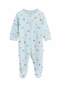 Svetlomodrý detský overal s ponožkami, so zapínaním na patentky na prednej strane a drobnými farebnými vzormi vozidiel a stromov po celom povrchu.