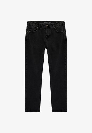 Jean droit noir en denim, doté d'une braguette zippée, de cinq poches, et de détails de coutures discrètes sur les coutures.