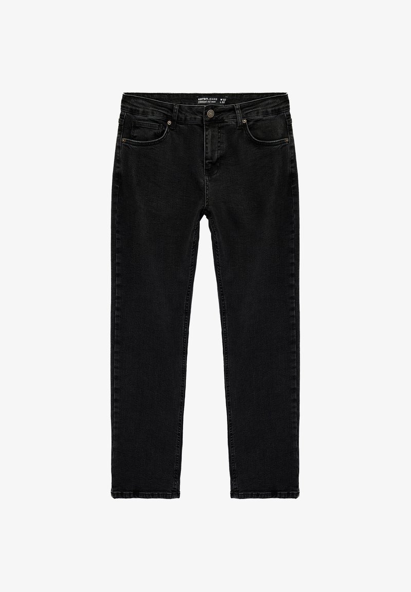 Schwarze Jeans mit geradem Schnitt aus Denim, ausgestattet mit Reißverschluss, fünf Taschen und dezenten Nahtdetails an den Nähten.