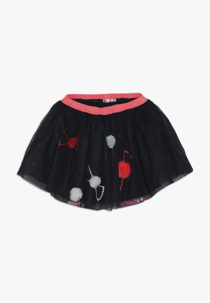 Czarna spódnica z tiulu z różowym, błyszczącym paskiem w talii, ozdobiona czerwonymi i białymi pomponami oraz haftowanymi wzorami kokardek.