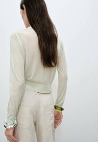 Ljusgrön genomskinlig tröja med långa ärmar och en ribbad midja, i kombination med krämfärgade högmidjade byxor. Klara och gröna armband pryder handlederna.