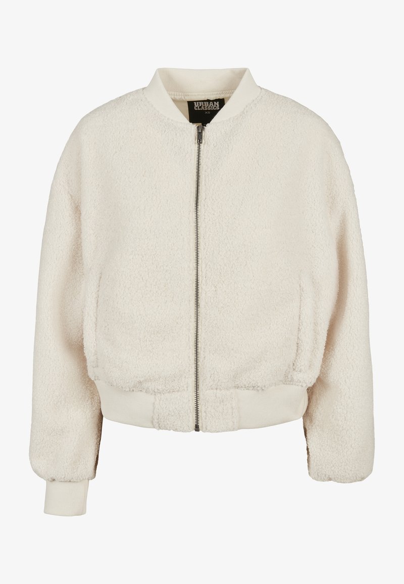 Veste bomber couleur crème en polaire texturée, dotée d'une fermeture éclair à l'avant, de poignets et d'un ourlet côtelés. Design doux, confortable et décontracté.