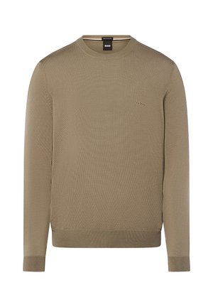 Maglione beige girocollo con maniche lunghe, polsini e orlo a costine, e piccolo logo "BOSS" sul petto a sinistra.