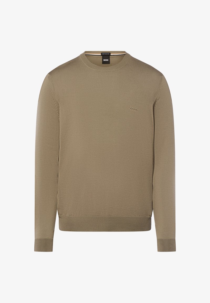 Pull beige à col rond avec manches longues, poignets et ourlet côtelés, et petit logo "BOSS" sur la poitrine gauche.