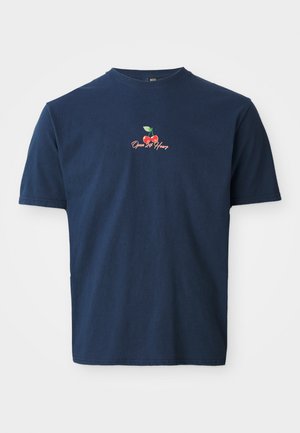Navy blue short-sleeve T-shirt with small cherry graphic and "Open 24 Hours" text on chest, plain background.