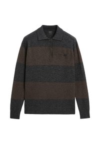 Pullover lavorato a maglia grigio scuro con strisce orizzontali marroni. Presenta un colletto, maniche lunghe e una piccola tasca sul petto con un bottone.