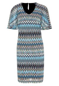 Robe à manches courtes avec un motif en zigzag dans des tons de bleu, noir et beige, dotée d'un détail en trou de serrure à l'arrière. Fabriquée en tissu léger.