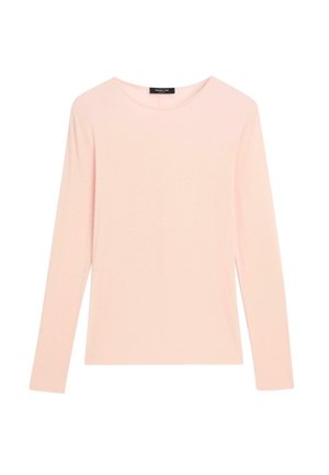 Chemise à col rond à manches longues de couleur rose pâle, au design simple et sans ornements, présentée sur un fond blanc.