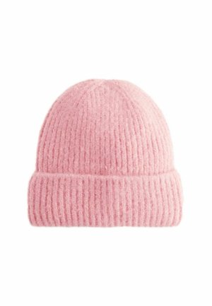 Rosa gestrickte Beanie-Mütze aus weichem Material, mit einem gerippten Muster und einem umgeschlagenen Bündchen-Design für zusätzlichen Wärme- und Tragekomfort.